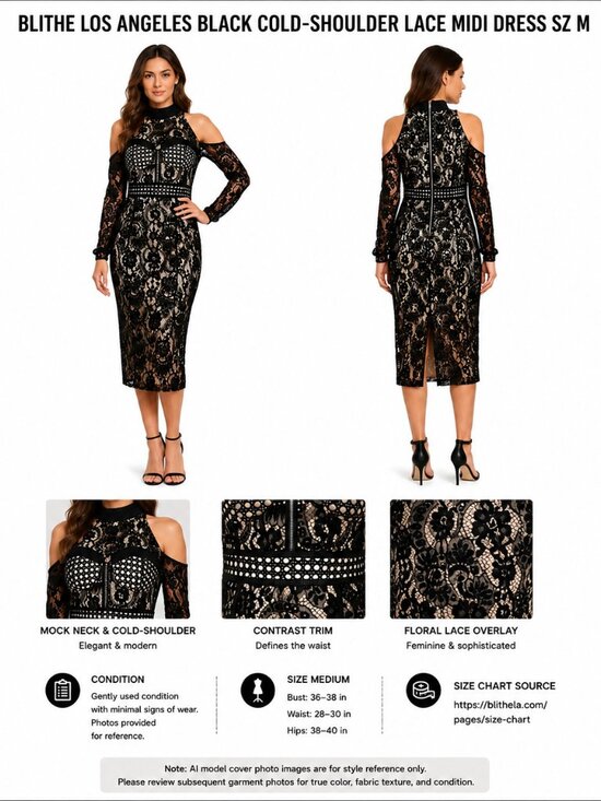 Blithe Dresses & Skirts - BLITHE LOS ANGELES BLACK COLD-SHOULDER LACE MIDI DRESS SZ M